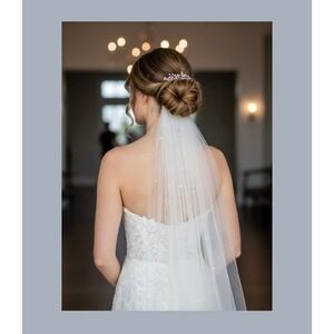 JJs House White Wedding Bridal Pearl Detail Single Layer Fingertip Veil